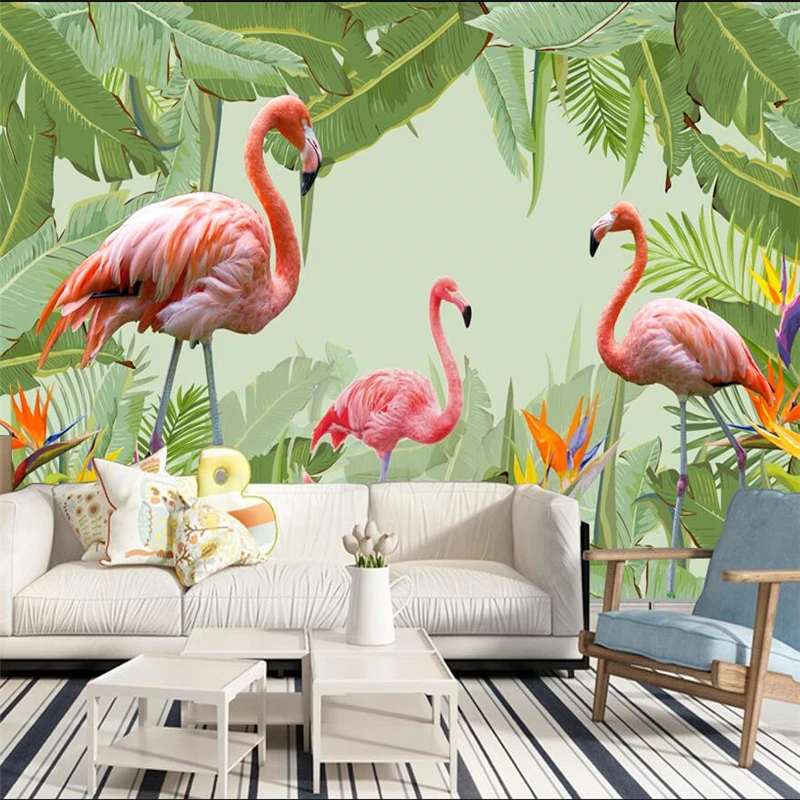wellyu foto tapety Vlastnú tapetu Ručne maľované tropickom dažďovom pralese Flamingo pozadí steny abstraktných de parede
