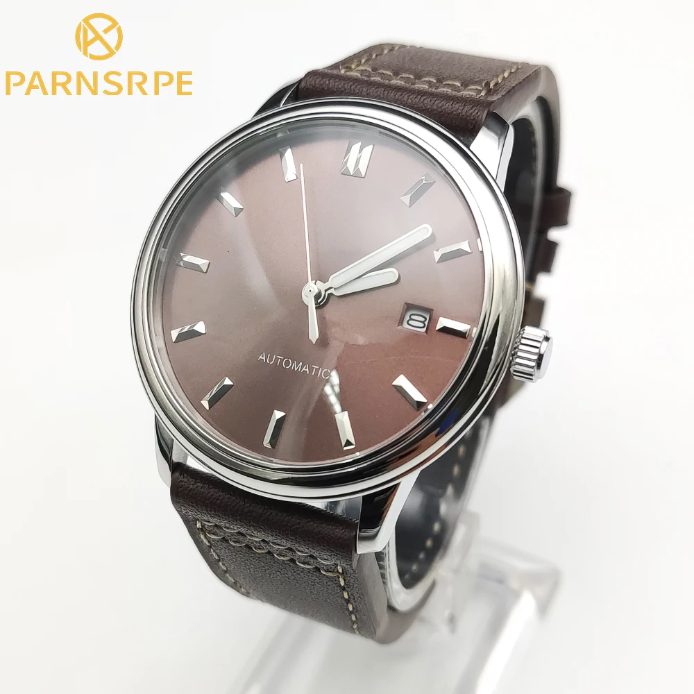 Luxusné retro mechanické hodinky 39 mm módne pánske hodinky vodotesné pevné prípade automatického pohybu hnedý kožený remienok