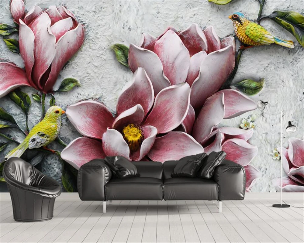 Beibehang Vlastnú tapetu 3D reliéf magnolia vták stenu pozadia domova obývacia izba, spálňa, tv, gauč nástenné maľby, 3d tapety